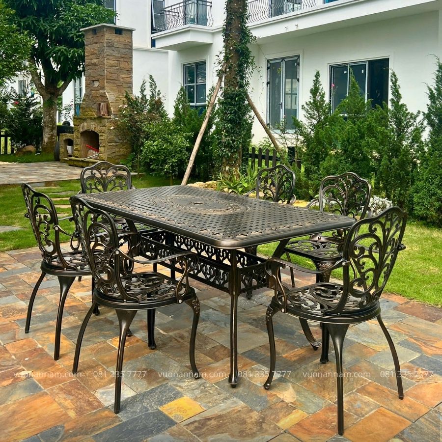 Bộ bàn ghế sân vườn BG11-1.7CN bàn chữ nhật 6 ghế làm bằng nhôm đúc rất được ưa chuộng 