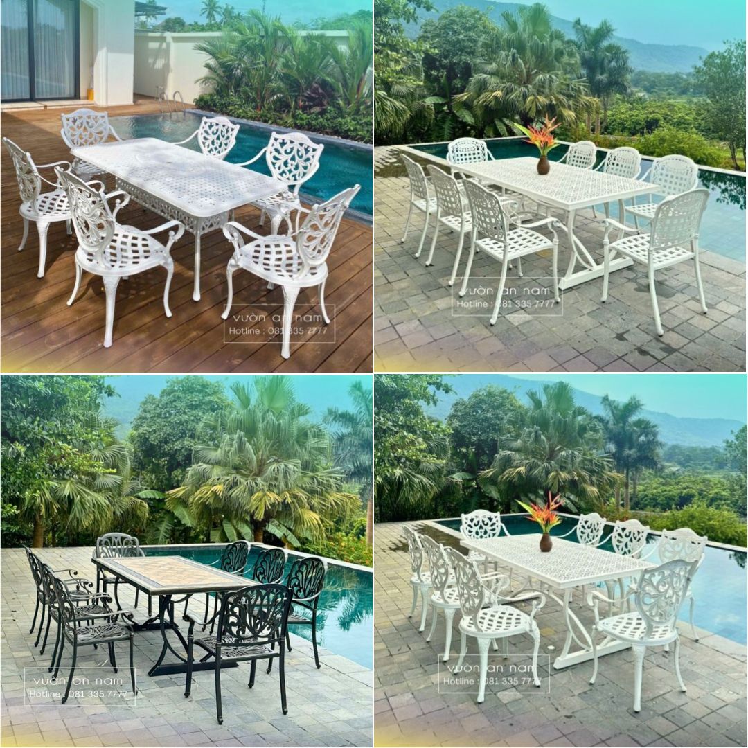 Bộ bàn ghế sân thượng nhôm đúc hình chữ nhật 8 ghế Bộ bàn ghế sân thượng nhôm đúc hình chữ nhật 8 ghế