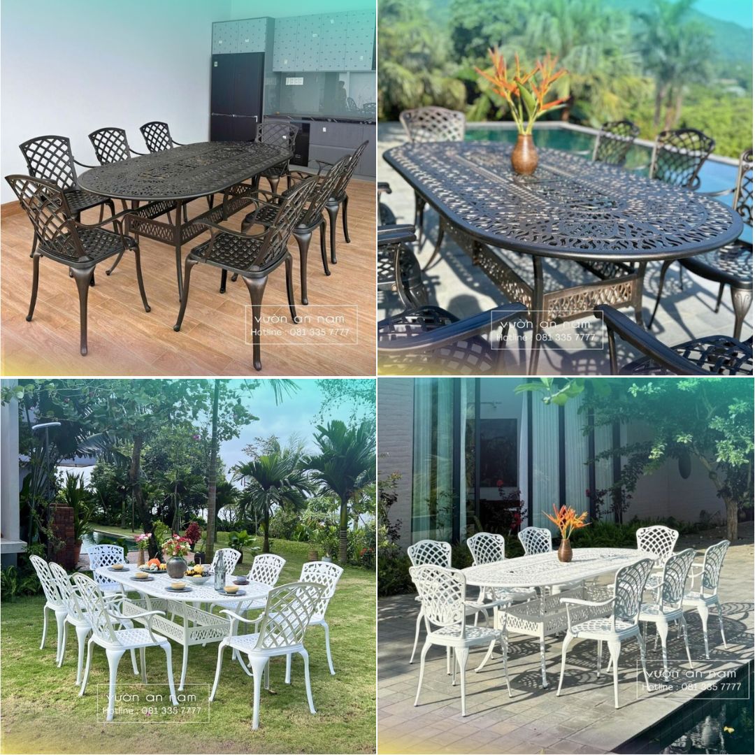 Bộ bàn ghế sân thượng nhôm đúc hình elip 8 ghế Bộ bàn ghế sân thượng nhôm đúc hình elip 8 ghế