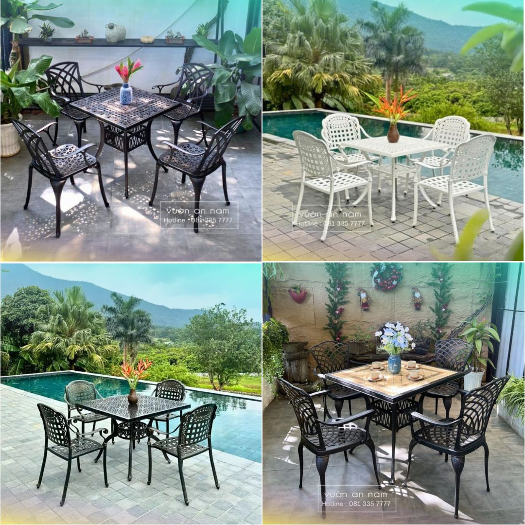 Bộ bàn ngoài trời sân thượng nhôm đúc 4 ghế vuông Bộ bàn ngoài trời sân thượng nhôm đúc 4 ghế vuông