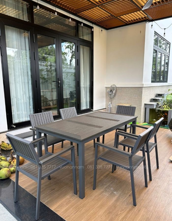 bộ bàn 6 ghế làm từ chất liệu polywood để ăn uống, hoặc tiệc tùng